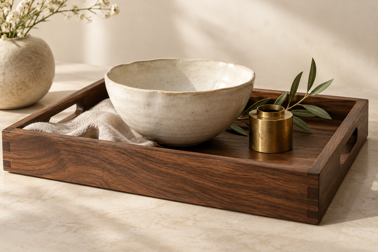 Concept gift of a ceramic bowl with a walnut tray